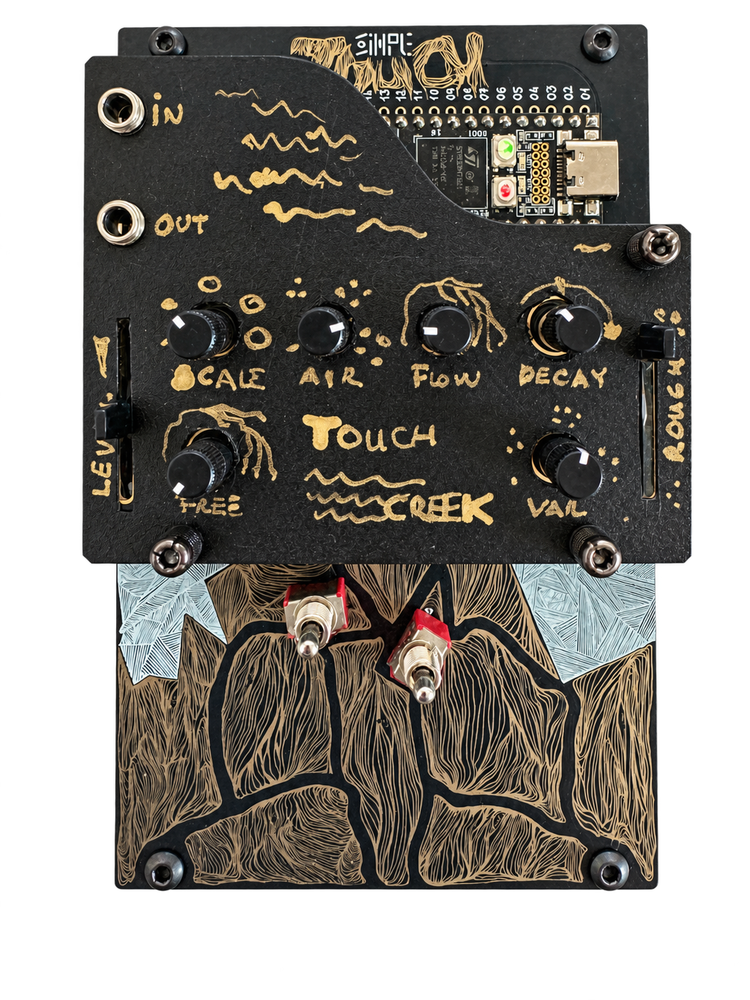 TouchCreek on Synthux Touch 2: handmade black and gold faceplate, six knobs, two faders, and an illustrated touch surface.